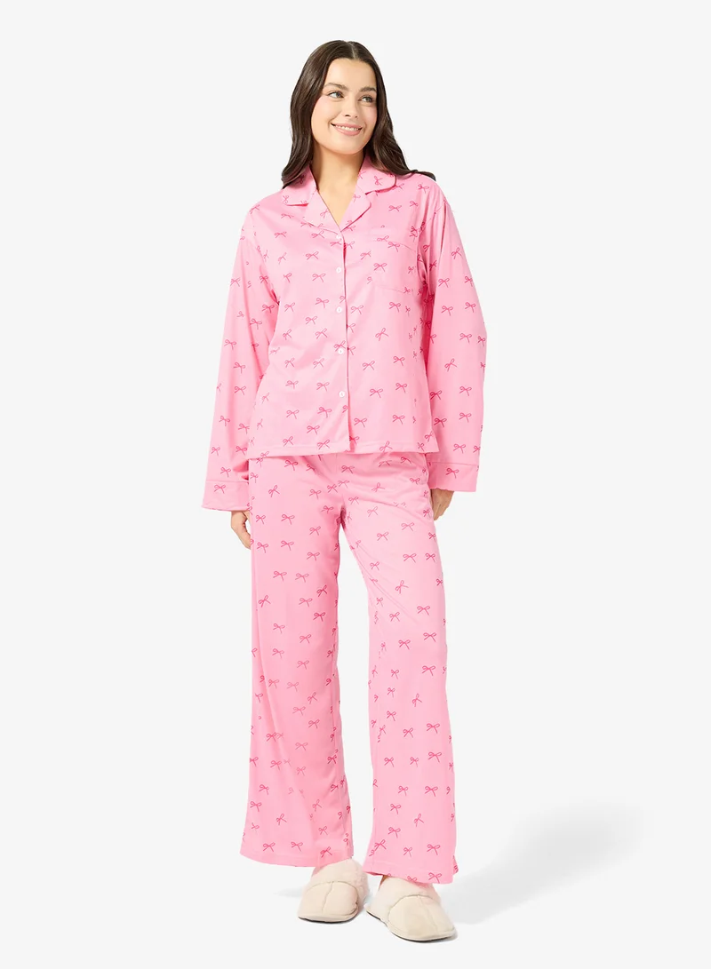 Ginger Bow Print Button Up Shirt & Pyjama Set